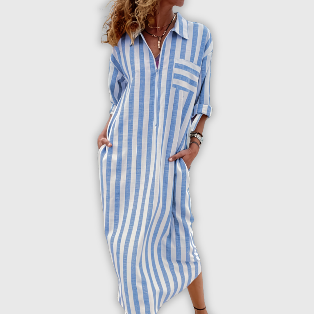 Joyce™ | Elegant striped dress with V-neckline
