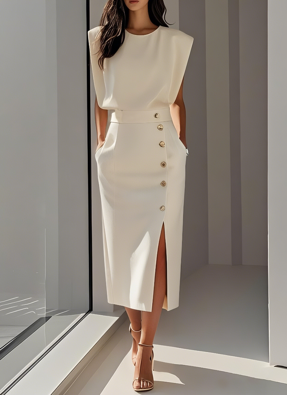 NOMI™ | Elegant Ivory Dress for Women – Summer Dress with Gold Buttons and Side Slit