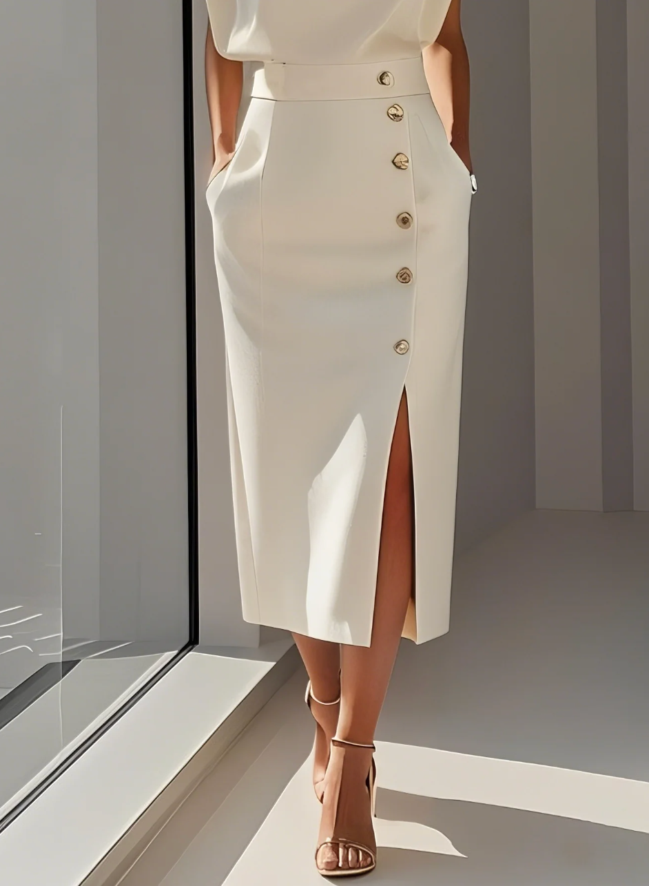 NOMI™ | Elegant Ivory Dress for Women – Summer Dress with Gold Buttons and Side Slit