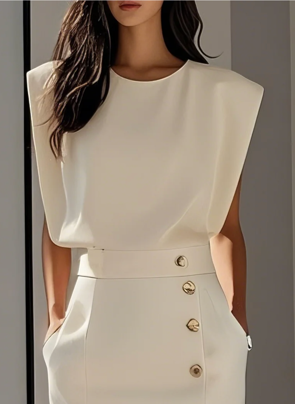 NOMI™ | Elegant Ivory Dress for Women – Summer Dress with Gold Buttons and Side Slit