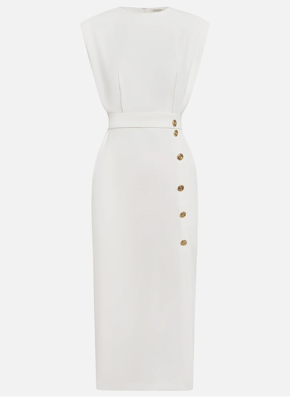 NOMI™ | Elegant Ivory Dress for Women – Summer Dress with Gold Buttons and Side Slit