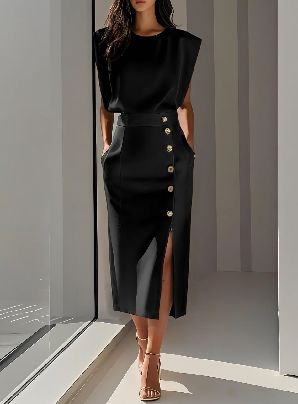 NOMI™ | Elegant Ivory Dress for Women – Summer Dress with Gold Buttons and Side Slit